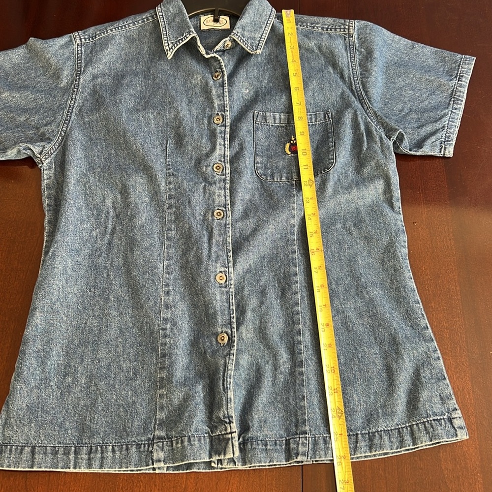 🌞 Bugle Boy For Her Vintage 90s short sleeve button up blue denim shirt M - Picture 13 of 16